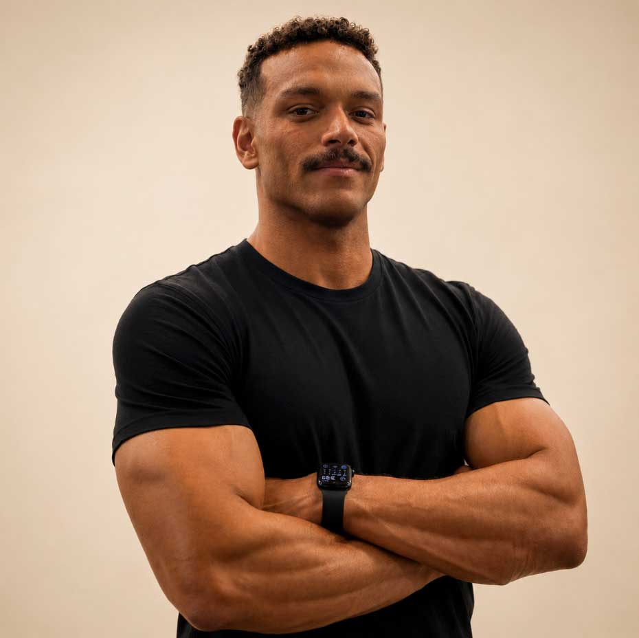 Man in black t-shirt stands with arms crossed, looking confident, against a plain background.