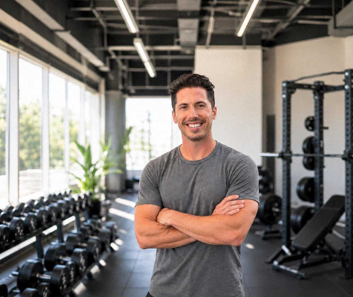 Man in gray t-shirt stands smiling with arms crossed in a bright gym with weights and equipment.